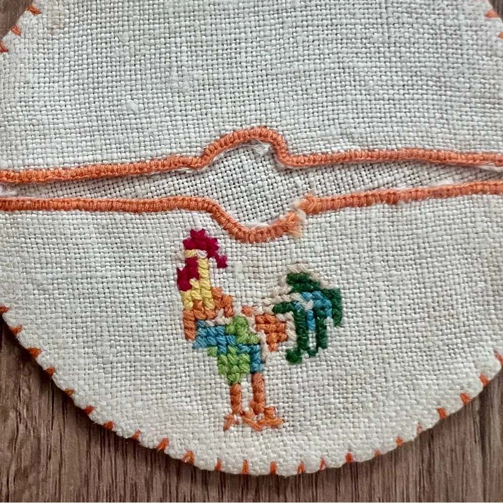 Cute Vintage 6 PCs Linen Wine Glass Slippers‎ Coasters Embroioered Rooster 3”